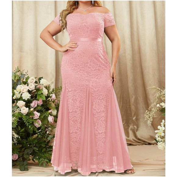 Plus Floral Lace Off Shoulder Formal Evening Wedding Maxi Dress - Picture 9 of 10